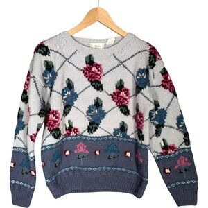 Vintage 100% Wool Blue Floral Diamond Pattern Sweater Grandma Roses S